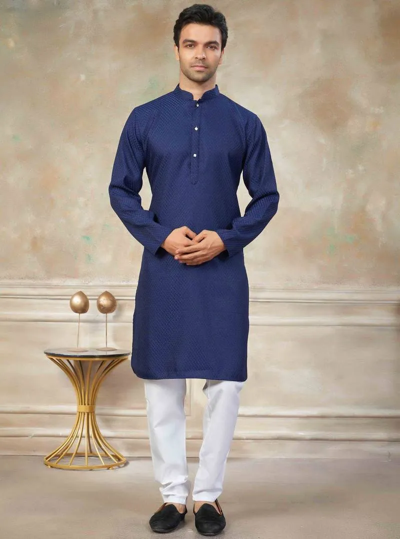 Navy Blue Colour Rayon Cotton With Weaving Sifly Kurta Pajama Mens Wear